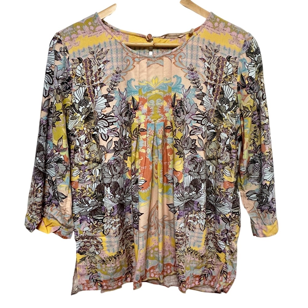 Soft Surroundings Artsy Floral Blouse Womens Medium 3/4 Sleeve Pleated Tunic Top
